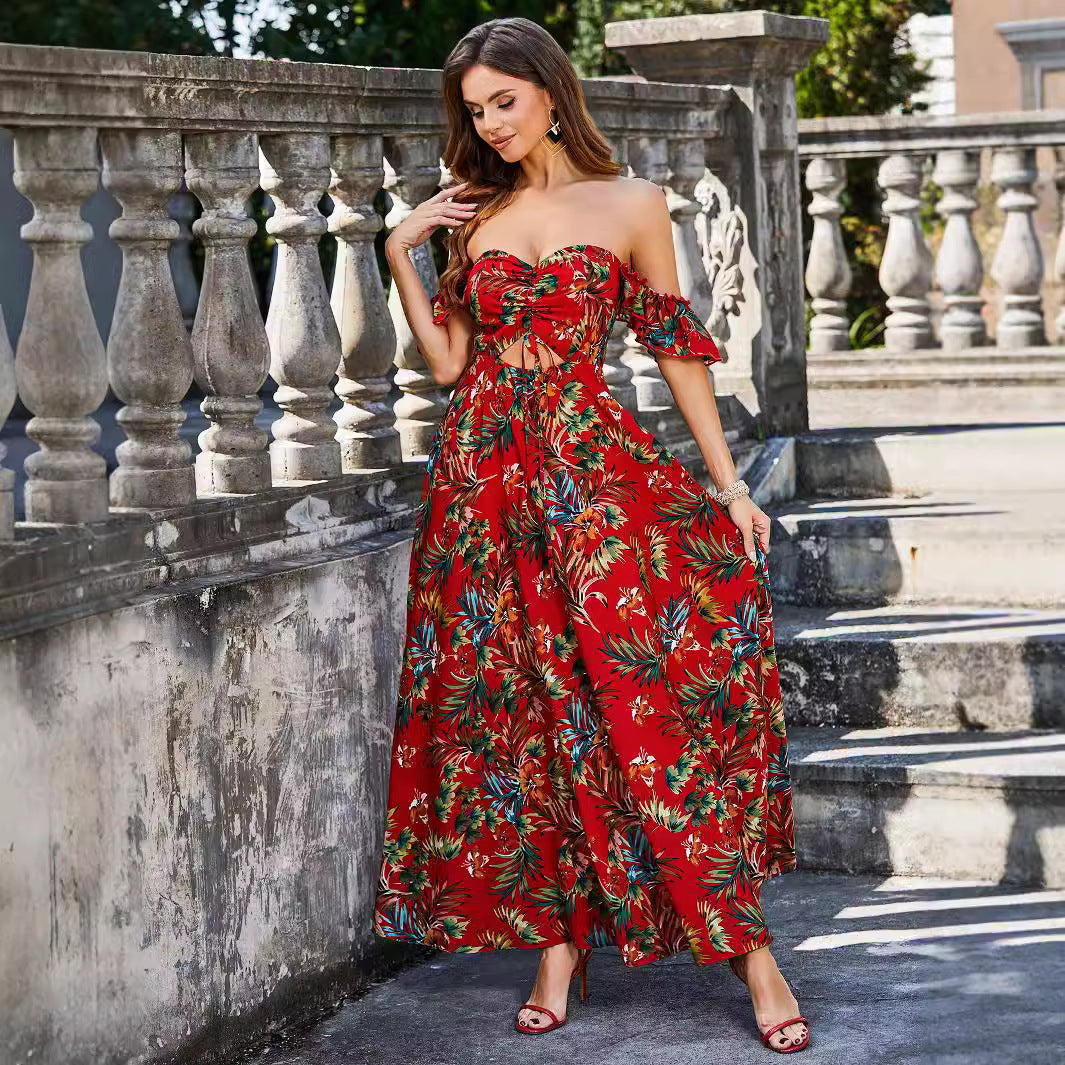 Damen Maxikleid mit schulterfreiem Design und floralem Druck Shopnory