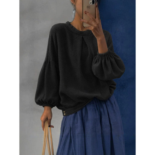 Damen Oversize Waffelstrickpullover mit Ballonärmeln und Kellerfalte Shop Nory