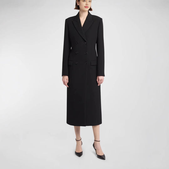 Damen Midilanger Doppelreihiger Blazer‑Mantel mit strukturierter Schulter und schlanker Passform Shop Nory
