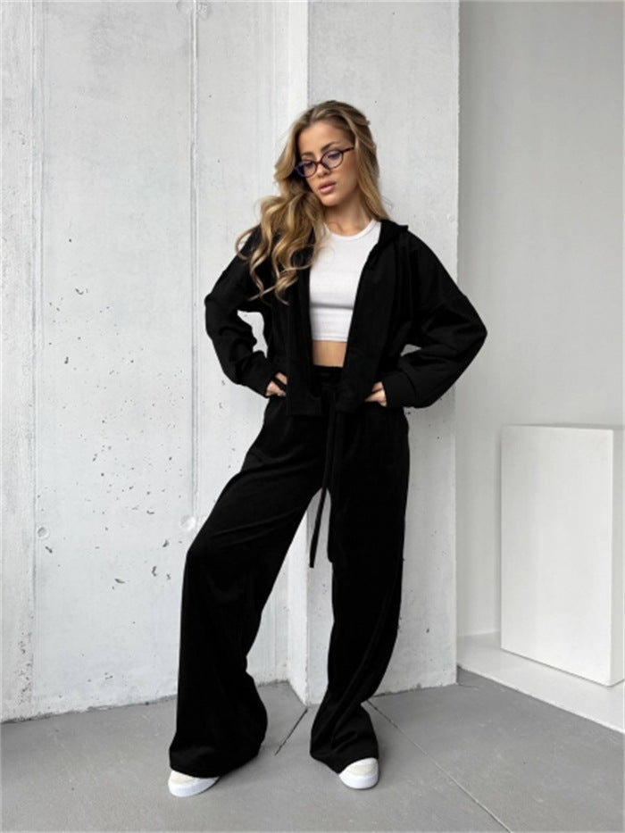 Damen weicher Velours-Trainingsanzug mit Kapuze, Reißverschluss und weitem Bein Shop Nory