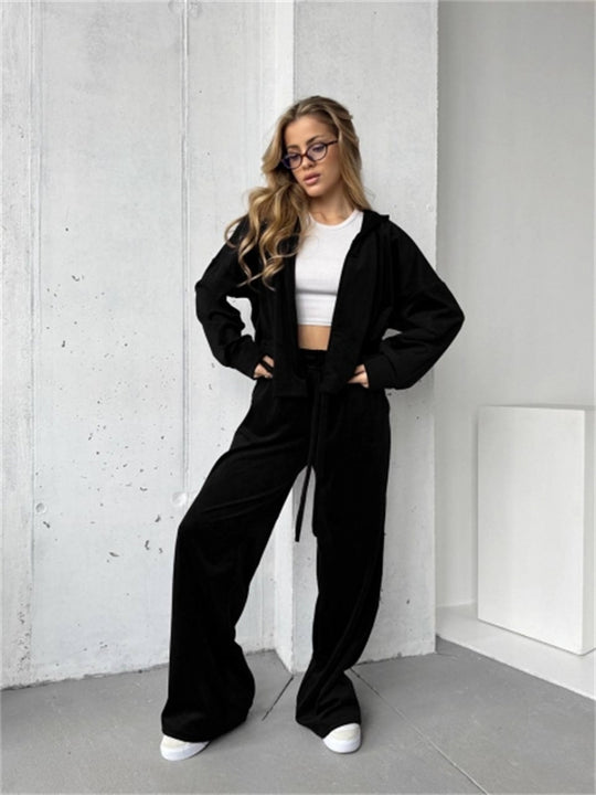 Damen weicher Velours-Trainingsanzug mit Kapuze, Reißverschluss und weitem Bein Shop Nory