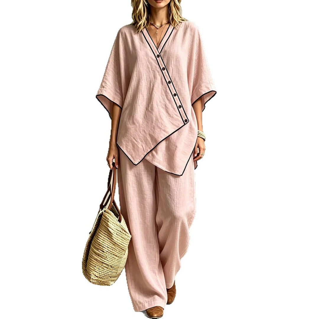 Damen Asymmetrisches Tunika-Loungewear-Set mit diagonaler Knopfleiste und weiter Palazzohose Shop Nory