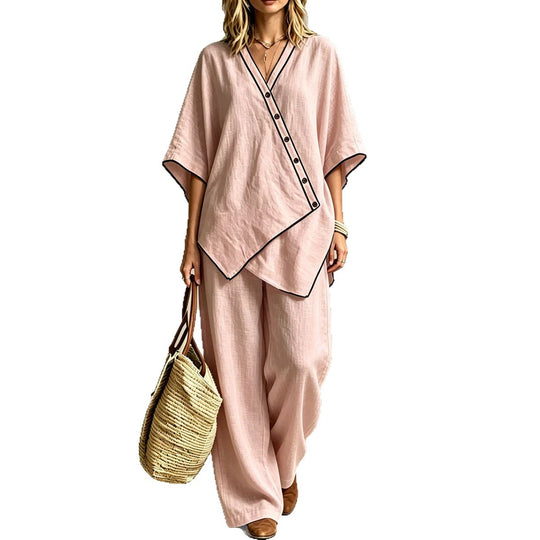 Damen Asymmetrisches Tunika-Loungewear-Set mit diagonaler Knopfleiste und weiter Palazzohose Shop Nory