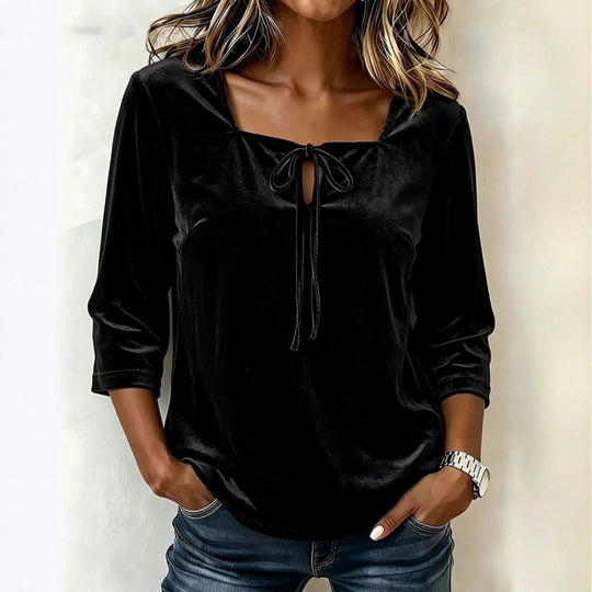 Damen Samtbluse mit eckigem Ausschnitt, Kordelzug und dreiviertel Ärmeln Shop Nory