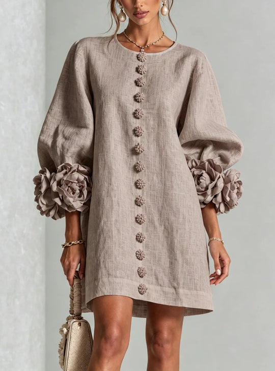 Damen Leinenkleid im A‑Linien‑Schnitt mit Ballonärmeln und 3D‑Blütenverzierung Shop Nory