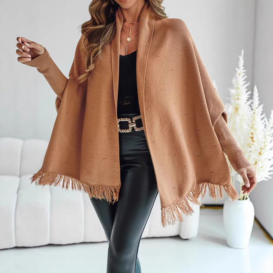 Damen Fransen‑Poncho‑Cardigan mit dekorativem Taillengürtel und Rippbündchen Shop Nory