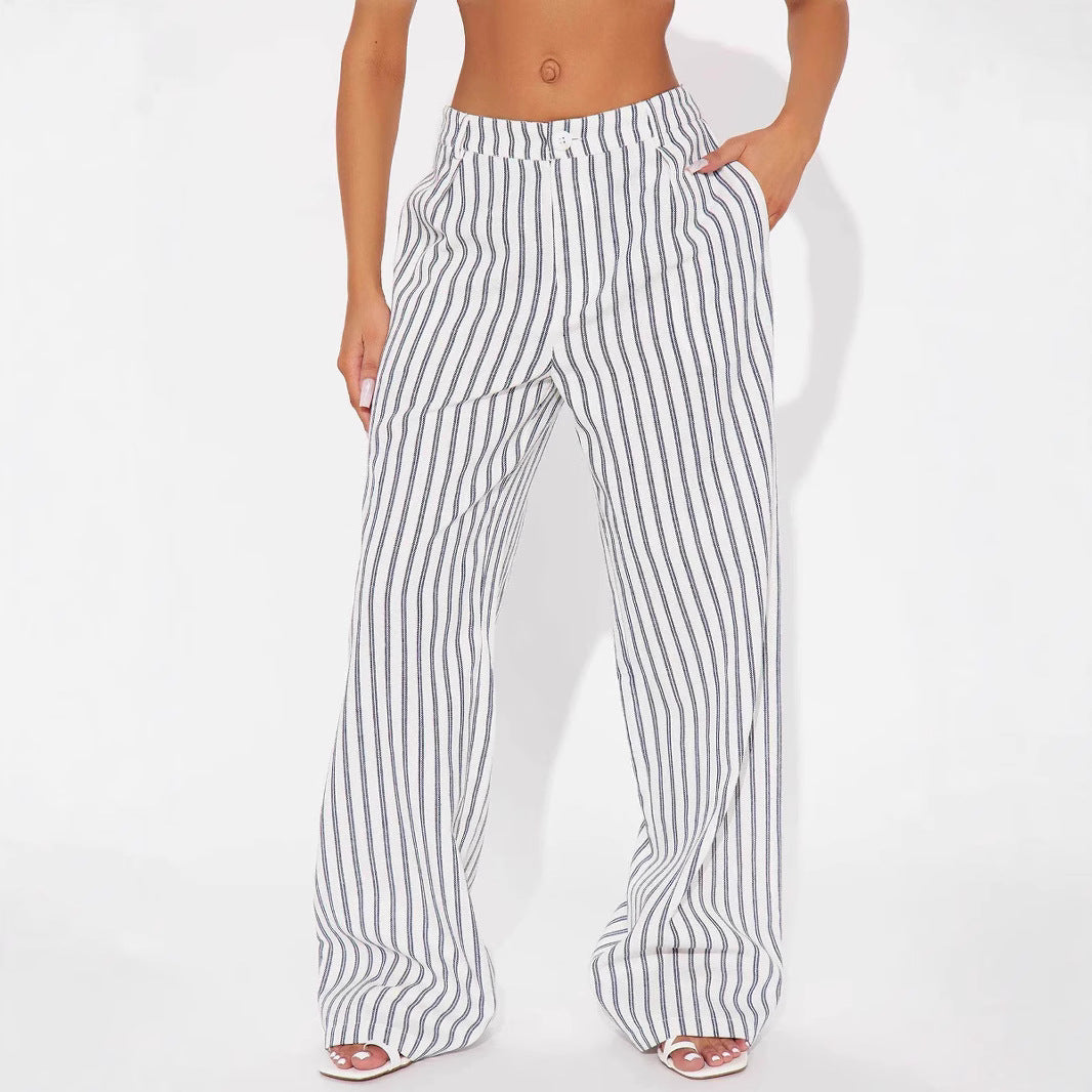 Damen Leinenoptik Palazzo-Hose mit hoher Taille und vertikalen Streifen Shop Nory