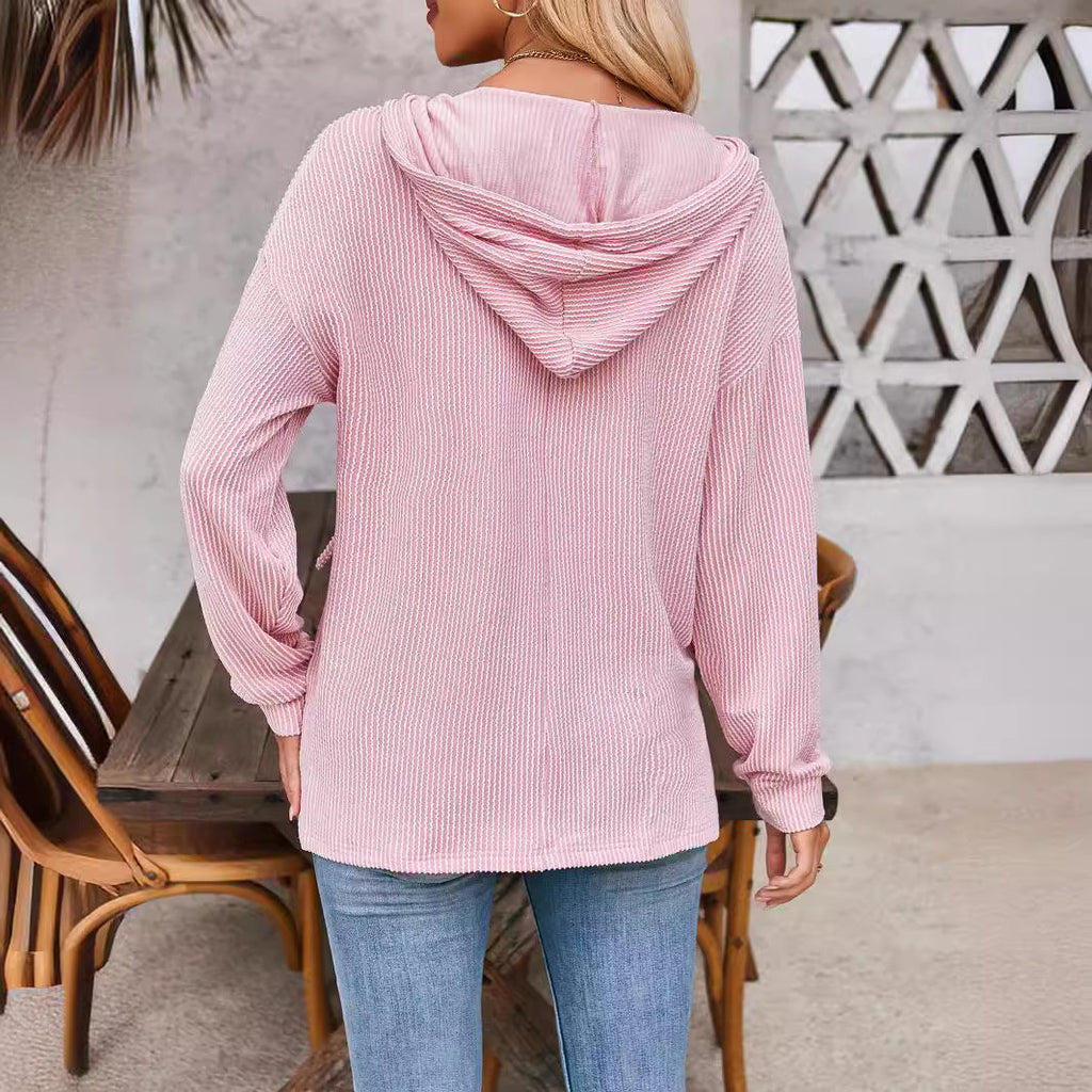 Damen lässiger Sweater mit V-Ausschnitt und Kordelzug