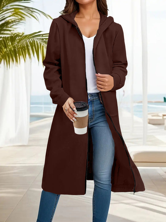 Damen Langer Kapuzen‑Mantel mit durchgehendem Reißverschluss und legerer A‑Linie Shop Nory