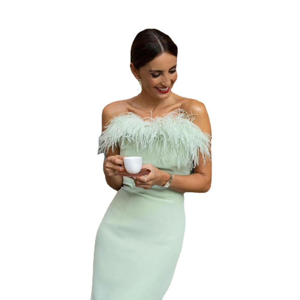 Damen Abendkleid mit federverziertem Oberteil und schlankem Schnitt