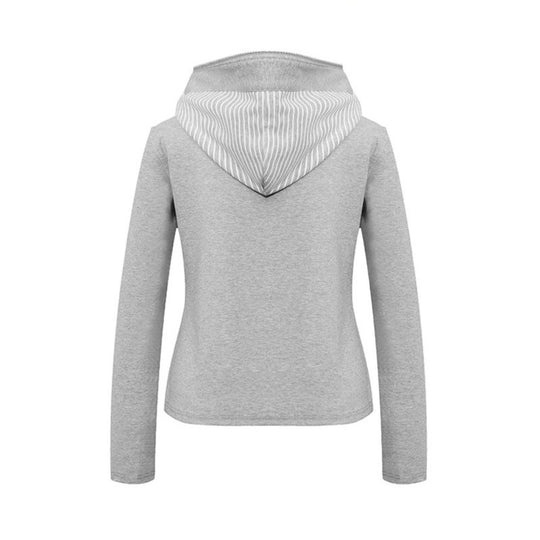 Damen taillierte Kapuzen‑Sweatjacke mit dekorischer Doppelreihe und Metallknöpfen Shop Nory