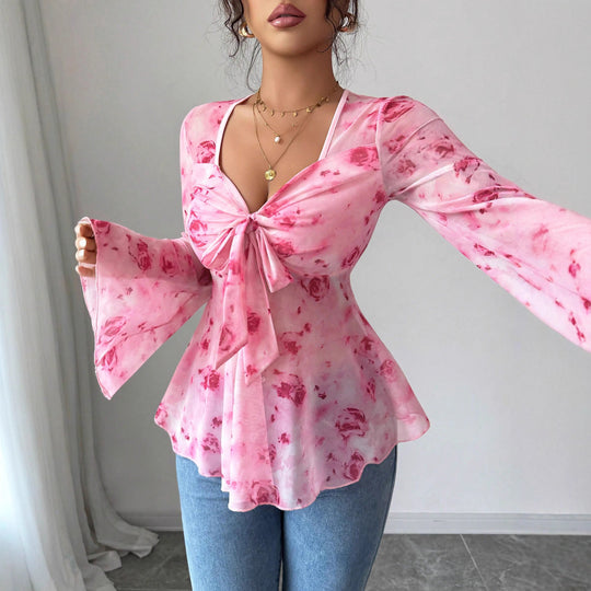 Damen Chiffonbluse mit Bindeknoten, V‑Ausschnitt und ausgestellten Glockenärmeln Shop Nory