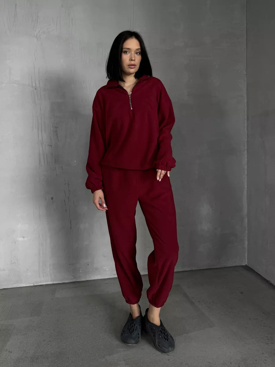 Damen lässiges Fleece-Jogginganzug Set mit Stehkragen und halbhohem Reißverschluss Shop Nory