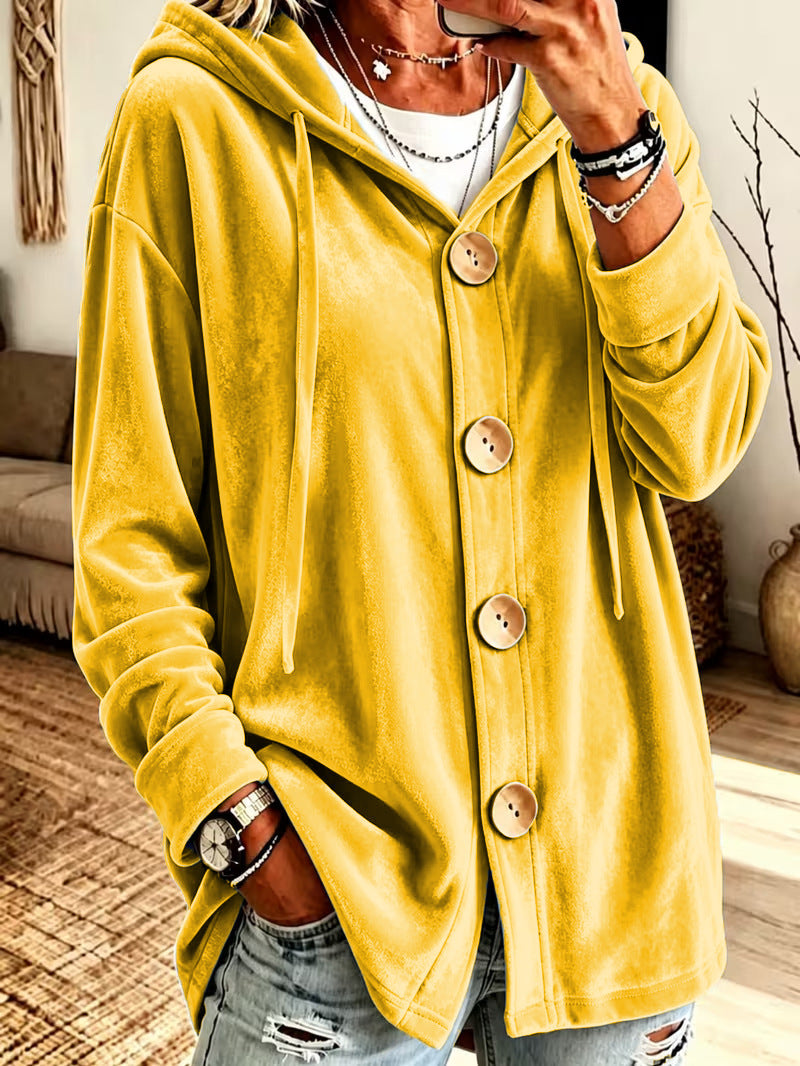 Damen Oversize Kapuzen-Samtjacke mit großen Holzknöpfen und weichem Veloursfutter Shop Nory