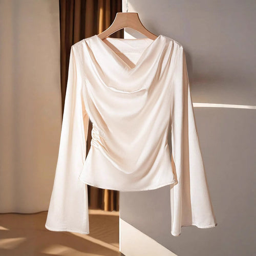 Damen Drapiertes Satin-Top mit Wasserfallkragen & Volantsärmeln Shop Nory