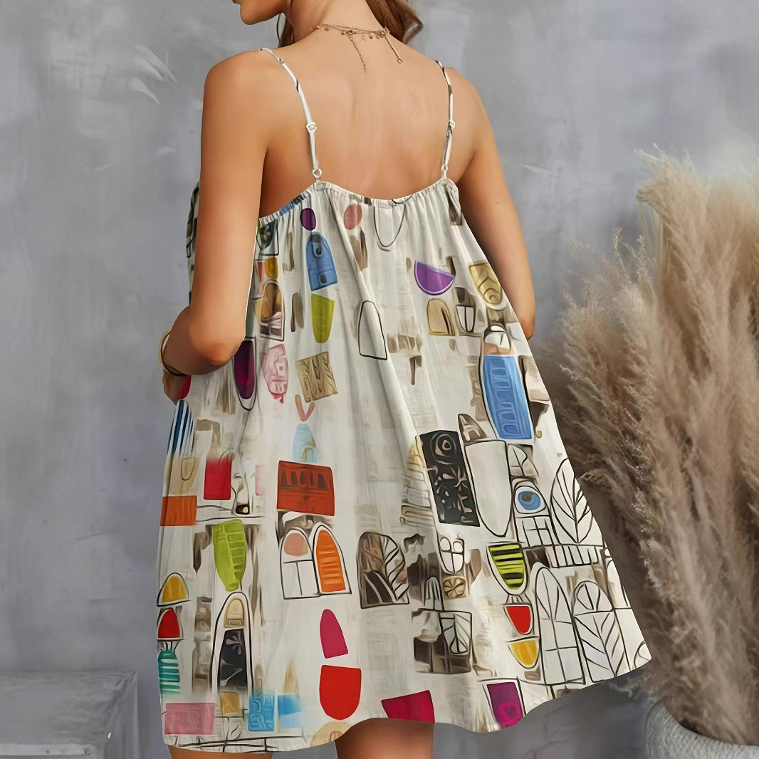 Damen luftiges Sommerkleid mit buntem geometrischem Muster und Kreuzträgern Shopnory