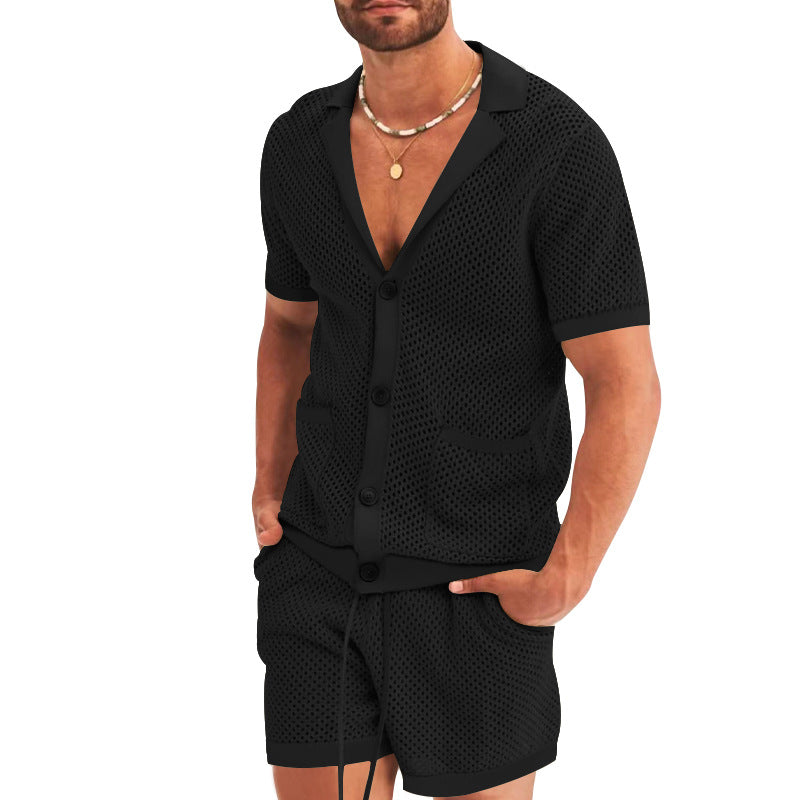 Herren nan offener Netzstrick-Cardigan mit passenden Kordelzug-Shorts