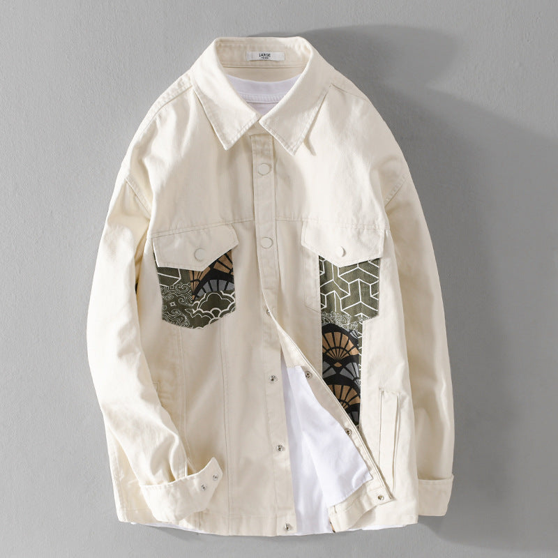 Herren Leichtes Canvas-Overshirt im Worker‑Stil mit japanischem Musterpatch und Druckknopfleiste Shop Nory