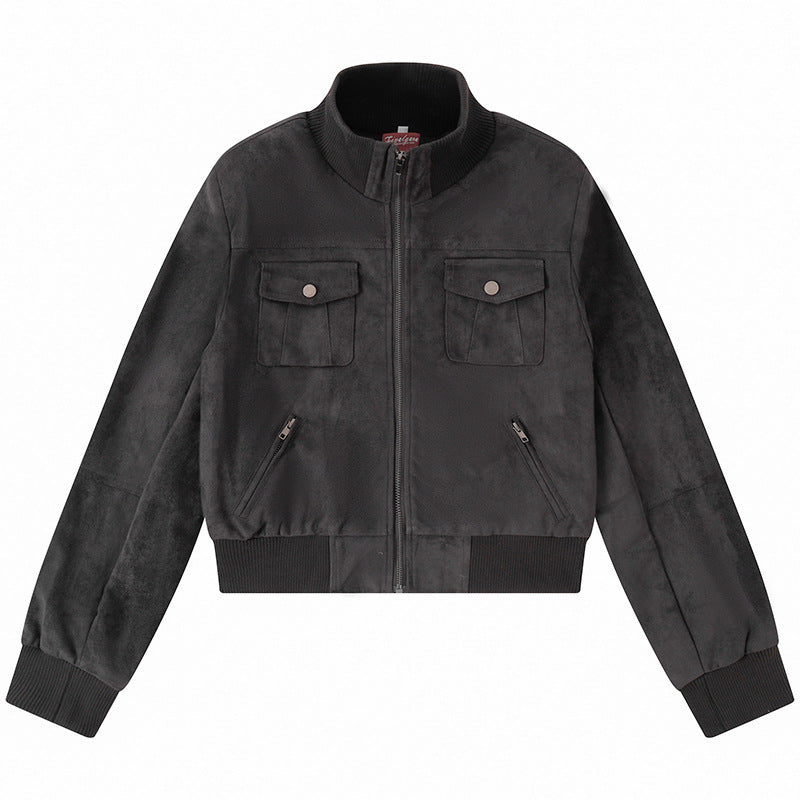 Damen Kurzgeschnittene Bomberjacke aus Veloursimitat mit Brustpatten und Reißverschlusstaschen Shop Nory