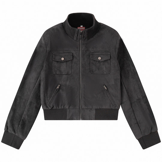 Damen Kurzgeschnittene Bomberjacke aus Veloursimitat mit Brustpatten und Reißverschlusstaschen Shop Nory