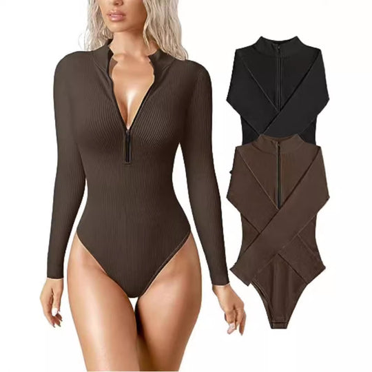 Damen Enganliegendes Rippstrick-Longsleeve mit Halbzip und Stehkragen Shop Nory