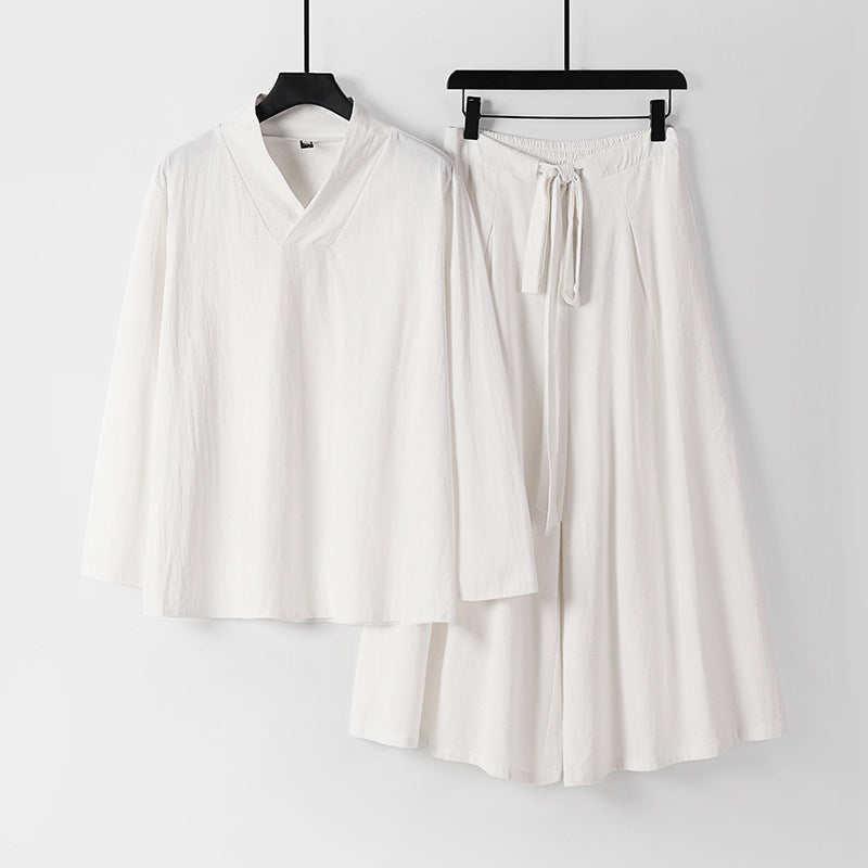 Damen Leichtes Leinen-Baumwoll Loungewear-Set mit V-Ausschnitt, weitem Midirock und Bindegürtel Shop Nory