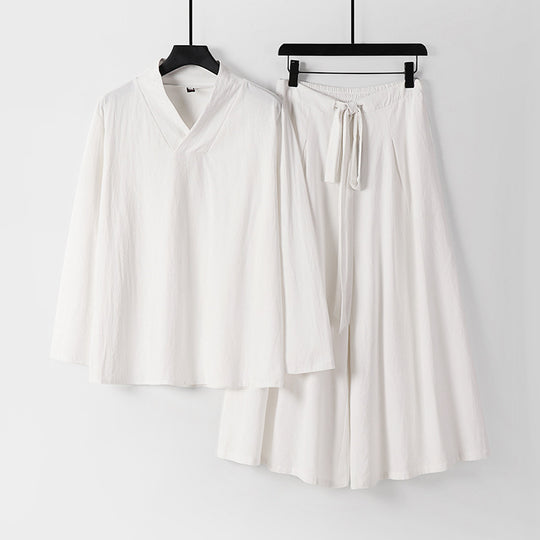 Damen Leichtes Leinen-Baumwoll Loungewear-Set mit V-Ausschnitt, weitem Midirock und Bindegürtel Shop Nory