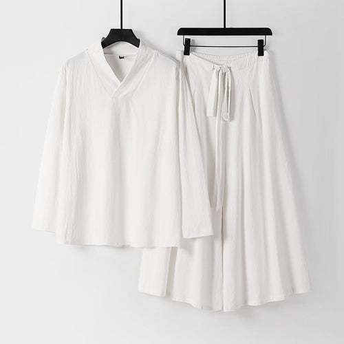 Damen Leichtes Leinen-Baumwoll Loungewear-Set mit V-Ausschnitt, weitem Midirock und Bindegürtel Shop Nory