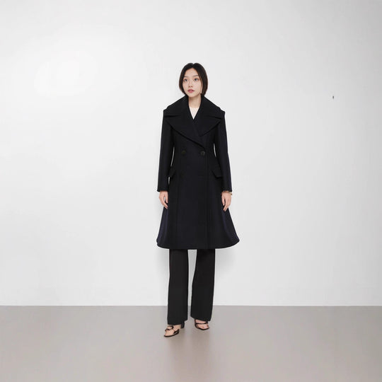 Damen Taillierter Doppelreiher-Wollmantel mit weitem Schalkragen und ausgestelltem Saum Shop Nory