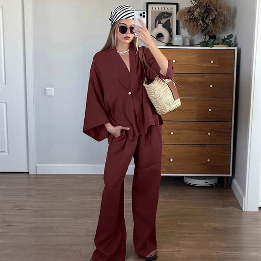 Damen Lässiges Leinenoptik-Zweiteiler mit Kimono-Blazer und weiter Palazzohose Shop Nory