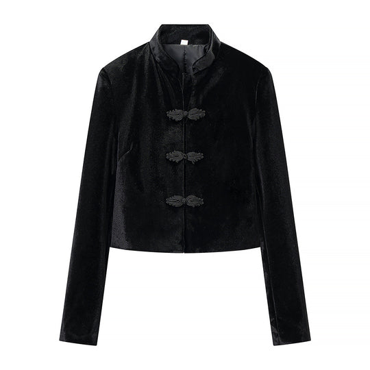 Damen Cropped Jacke im Mandarinstil mit Stehkragen und Zierknotenverschlüssen Shop Nory