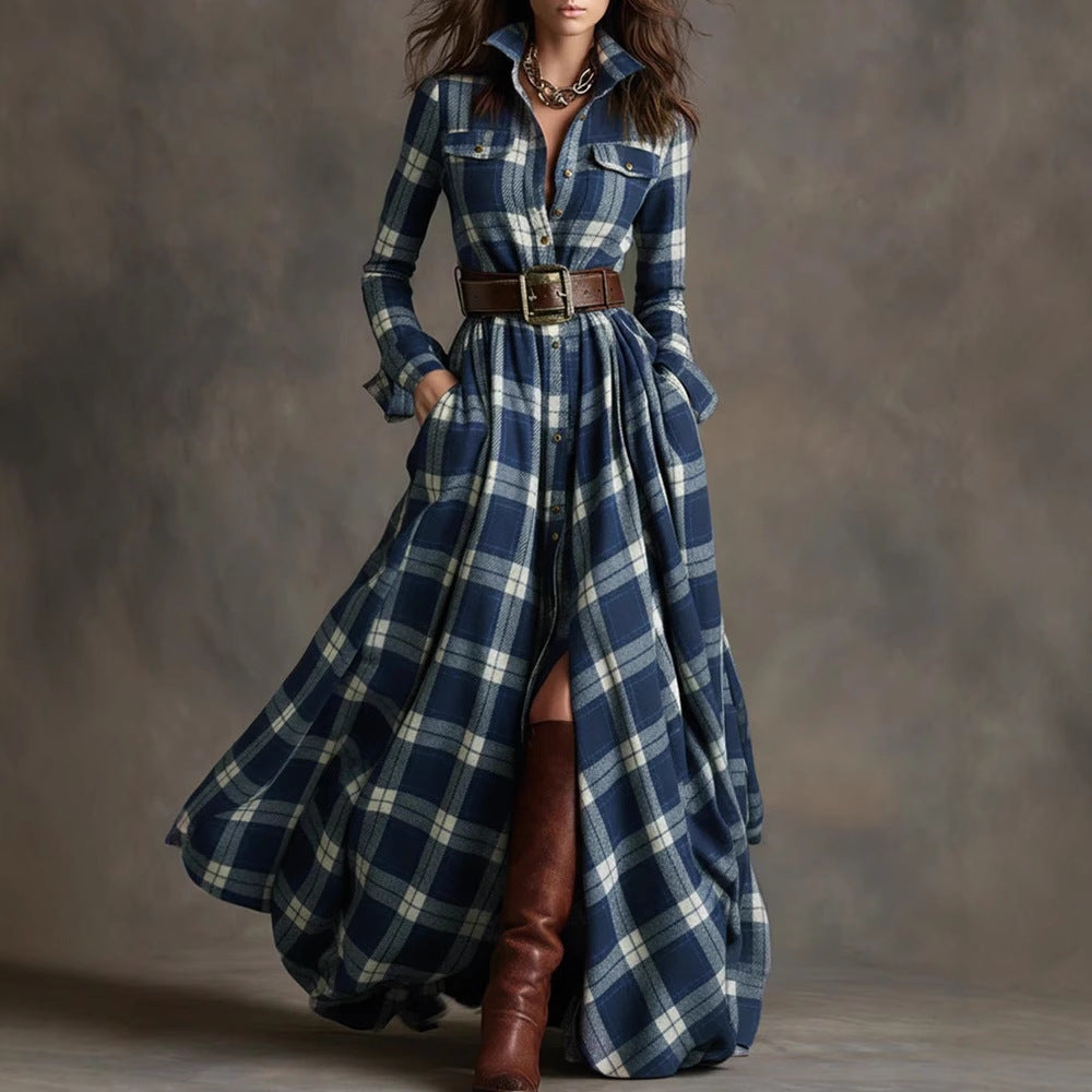 Damen Karierte Maxikleid mit Hemdbluse-Oberteil, Taillierter Bund und Eingrifftaschen Shop Nory