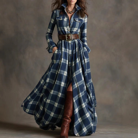 Damen Karierte Maxikleid mit Hemdbluse-Oberteil, Taillierter Bund und Eingrifftaschen Shop Nory