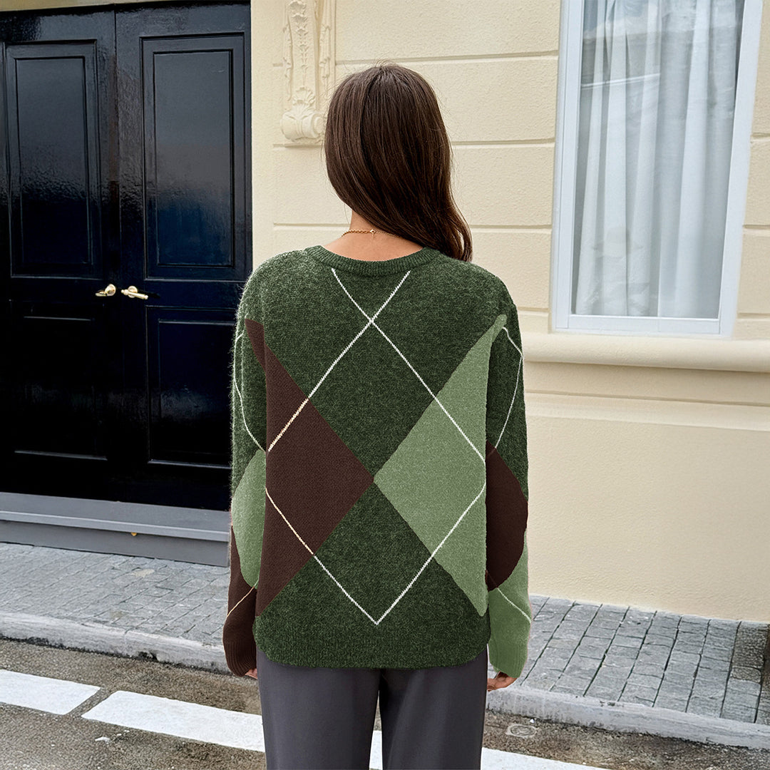 Damen nan oversized Argyle-Strickpullover mit kastigem Schnitt und geripptem Rundhalsausschnitt Shop Nory