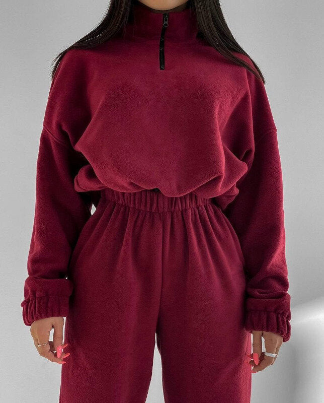 Damen Relax-Fleece-Set mit Stehkragen-Halbzip und geraffter High-Waist-Hose Shop Nory