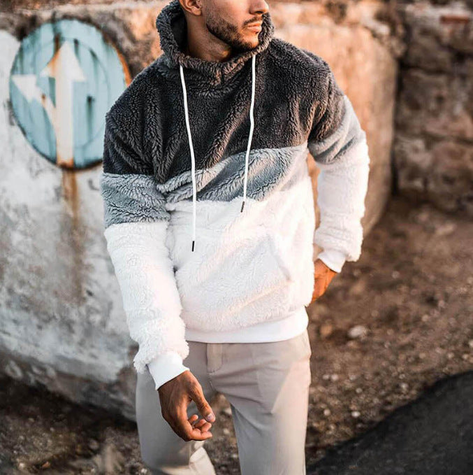 Herren Farbblock-Teddy-Fleece Kapuzenpullover mit Kängurutasche und Tunnelzug Shop Nory