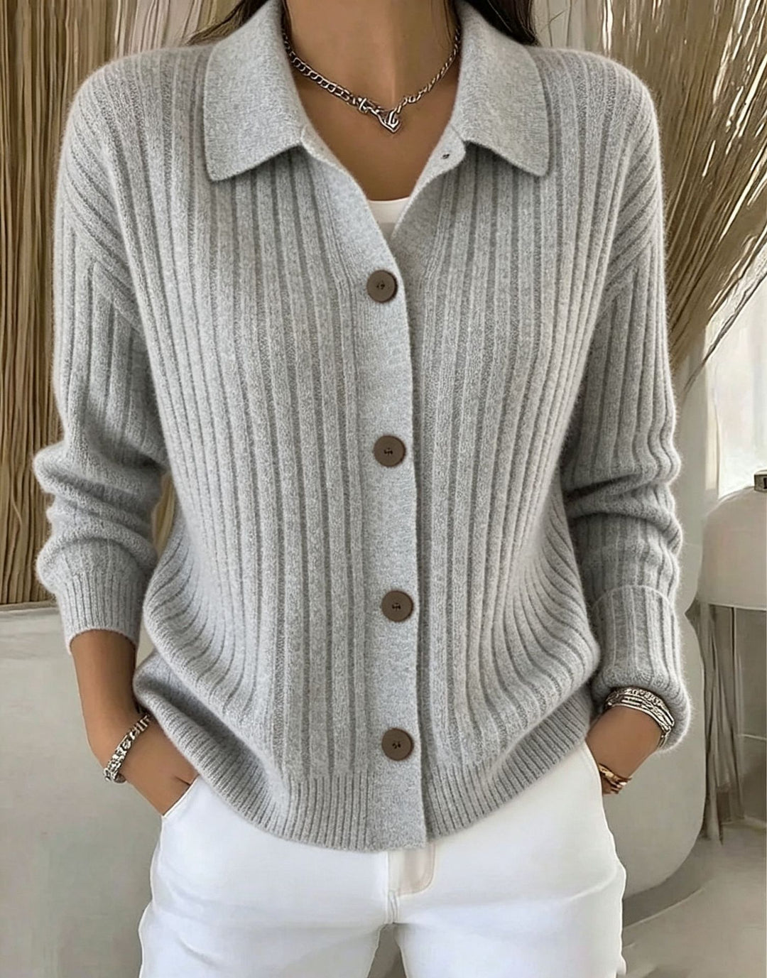 Damen Feiner gerippter Knopf‑Cardigan mit Hemdkragen und kastiger Silhouette Shop Nory