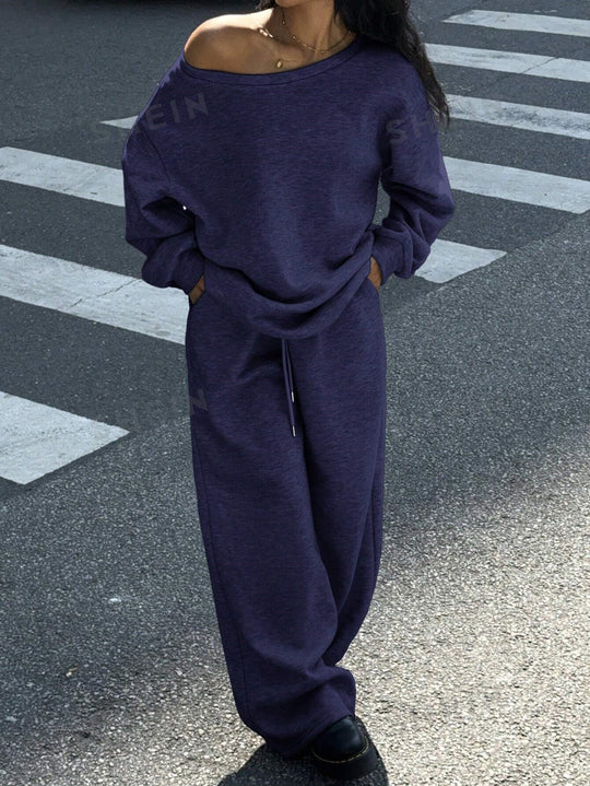 Damen Oversize Off-Shoulder Lounge-Set mit weitem Sweater und Palazzo-Jogger Shop Nory