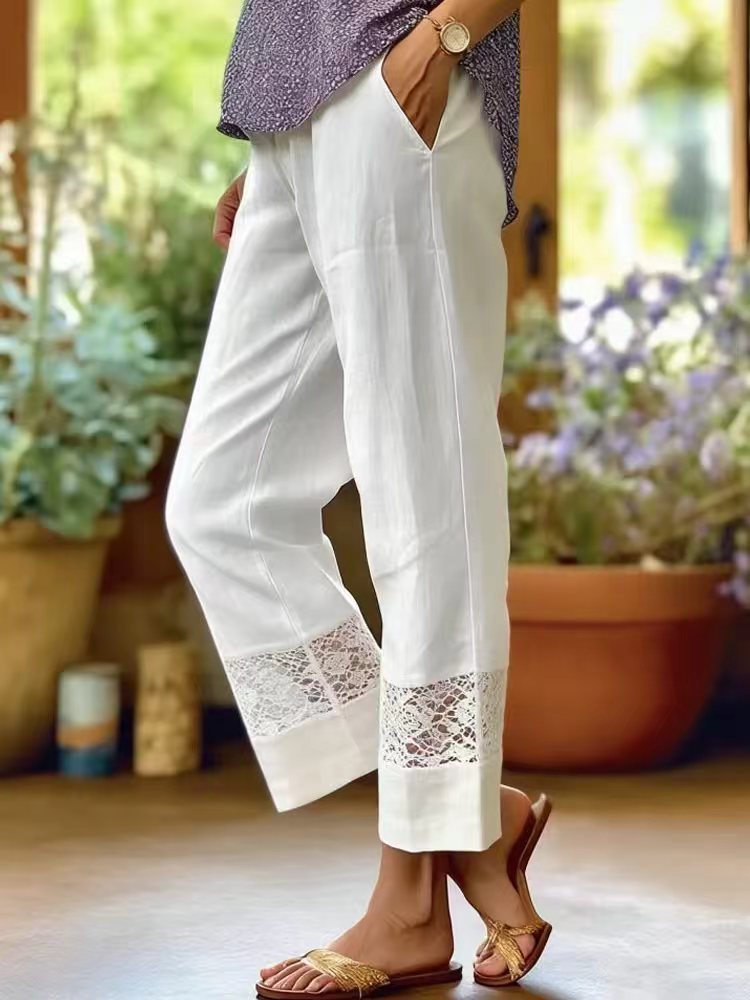 Damen Leinenoptik Culotte-Hose mit Spitzeinsatz am Saum und seitlichen Eingrifftaschen Shop Nory