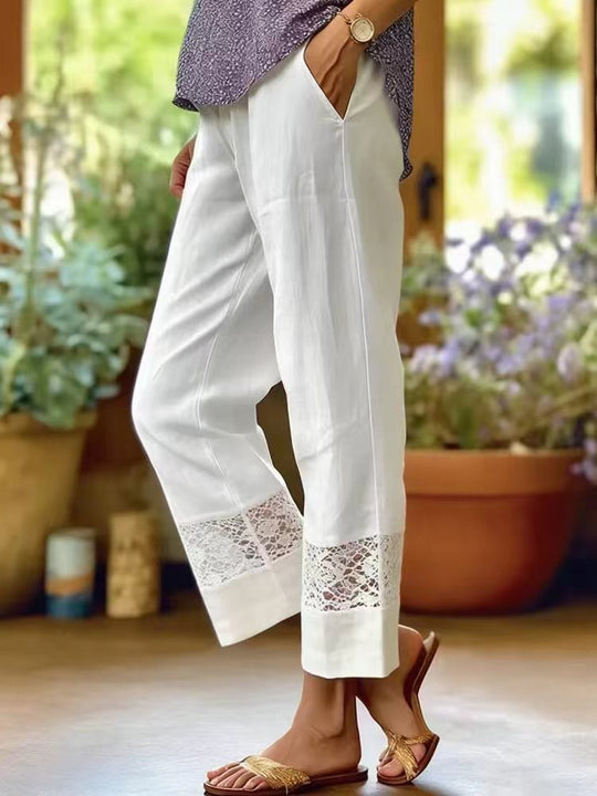 Damen Leinenoptik Culotte-Hose mit Spitzeinsatz am Saum und seitlichen Eingrifftaschen Shop Nory