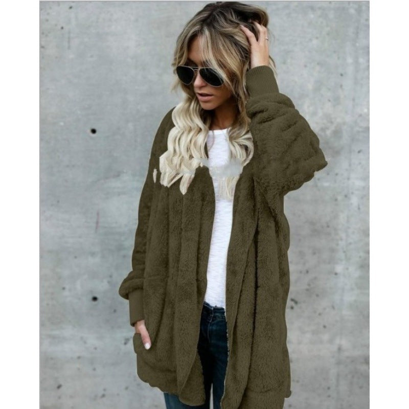 Damen Kuschelige Teddy‑Fleece‑Cardigan mit Kapuze, Oversize‑Schnitt und aufgesetzten Taschen Shop Nory
