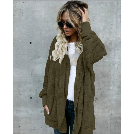 Damen Kuschelige Teddy‑Fleece‑Cardigan mit Kapuze, Oversize‑Schnitt und aufgesetzten Taschen Shop Nory