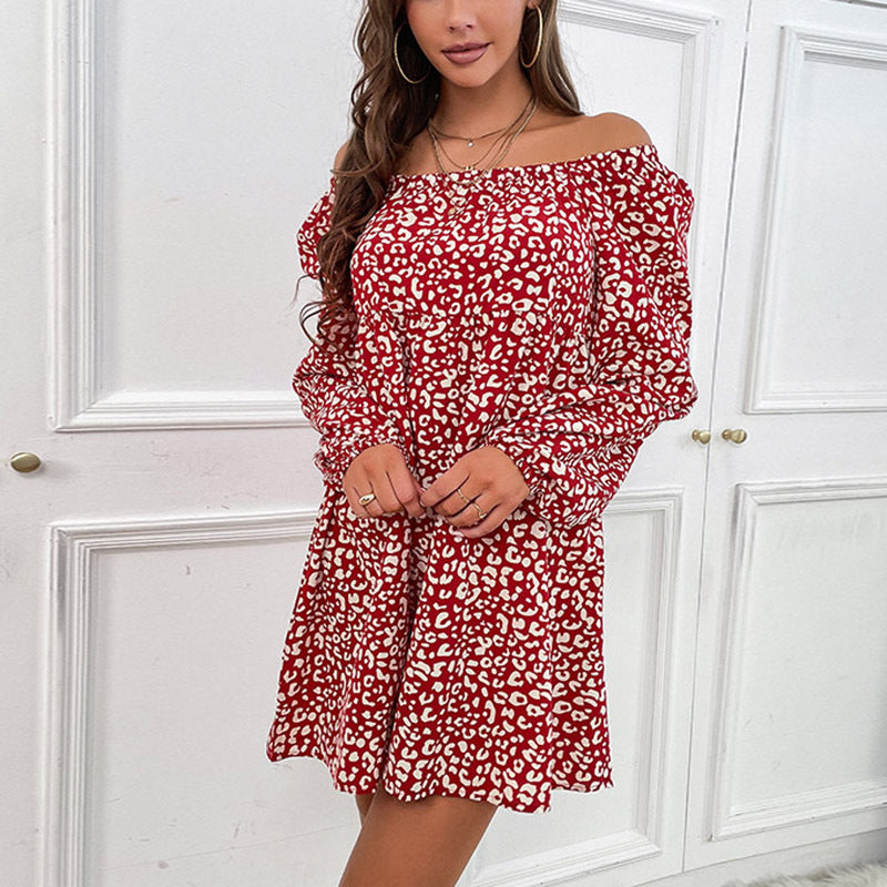 Damen Schulterfreies Babydoll‑Minikleid mit Animalprint, gerafftem Oberteil und langen Ärmeln Shop Nory