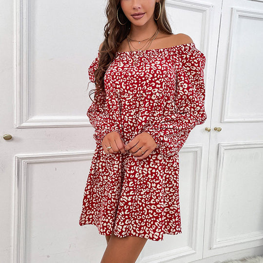 Damen Schulterfreies Babydoll‑Minikleid mit Animalprint, gerafftem Oberteil und langen Ärmeln Shop Nory