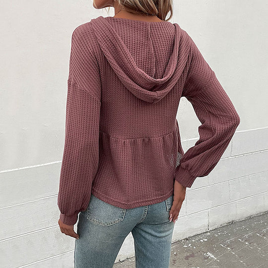Damen Waffelstrick-Hoodie-Bluse mit V-Ausschnitt, Knopfleiste und geraffter Taillenpasse Shop Nory