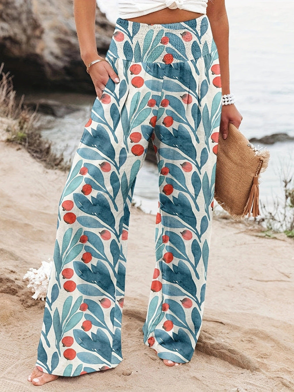 Damen Weit geschnittene Sommerhose mit floralem Print und elastischem Bund Shopnory