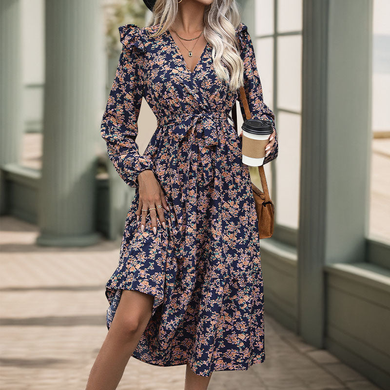 Damen Wickel-Midikleid mit V‑Ausschnitt, Volant-Schultern & Taillenband Shop Nory