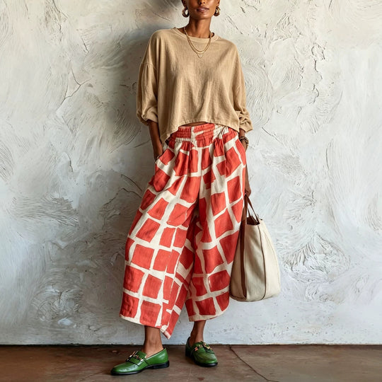 Damen Weite Culotte-Hose aus Leinenmix mit elastischem Bund und grafischem Print Shop Nory