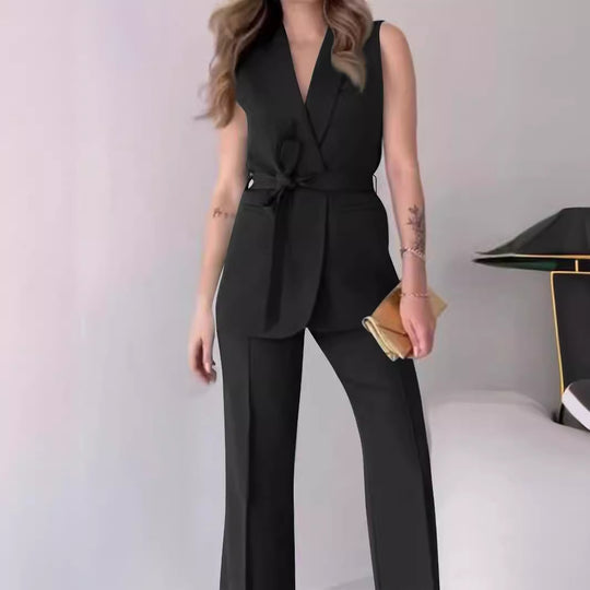 Damen Ärmelloses Blazer-Set mit tailliertem Bindegürtel und High-Waist Schlaghose Shop Nory