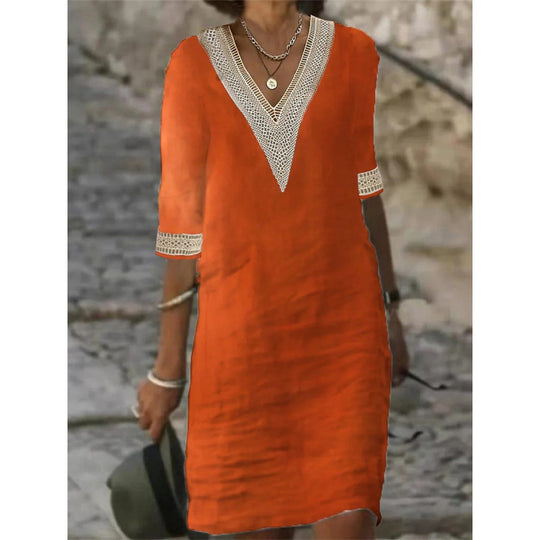 Damen Leichtes Leinen-Midikleid mit V-Ausschnitt und Häkelspitzenbesatz Shop Nory
